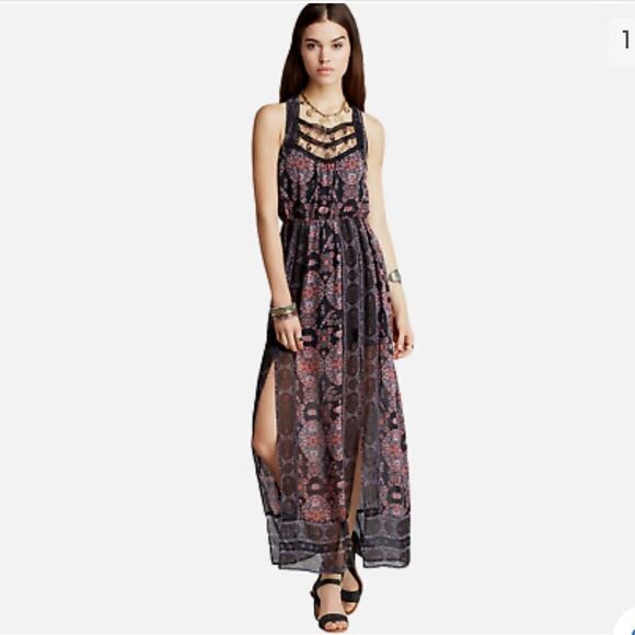 NWT Free People Moroccan Black Printed Lace Yoke Maxi Dress 4 - Picture 7 of 13
